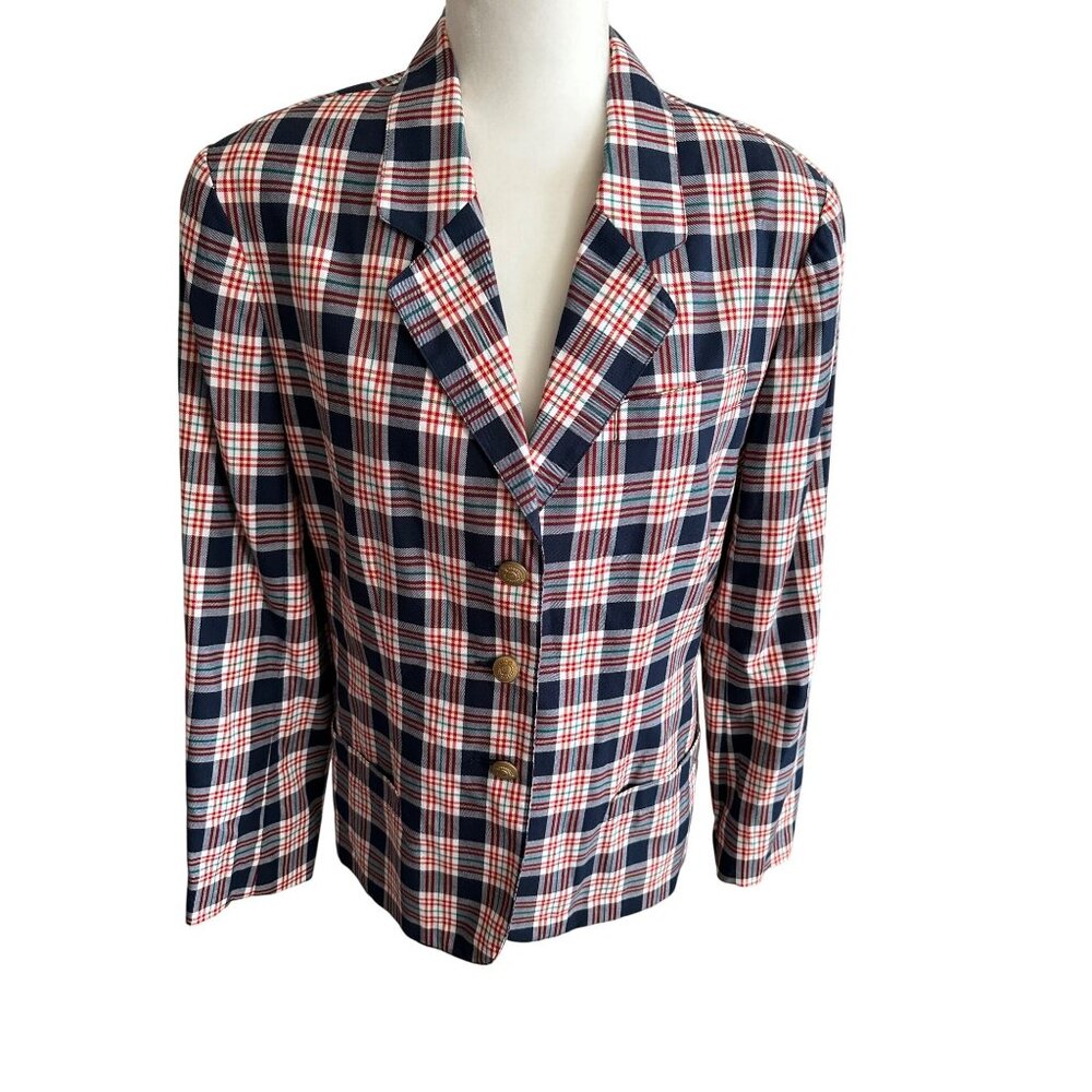 Vintage 1980s Liz Sport Plaid Blazer Size 10 Red/Yellow/Blue Gold-Tone Preppy